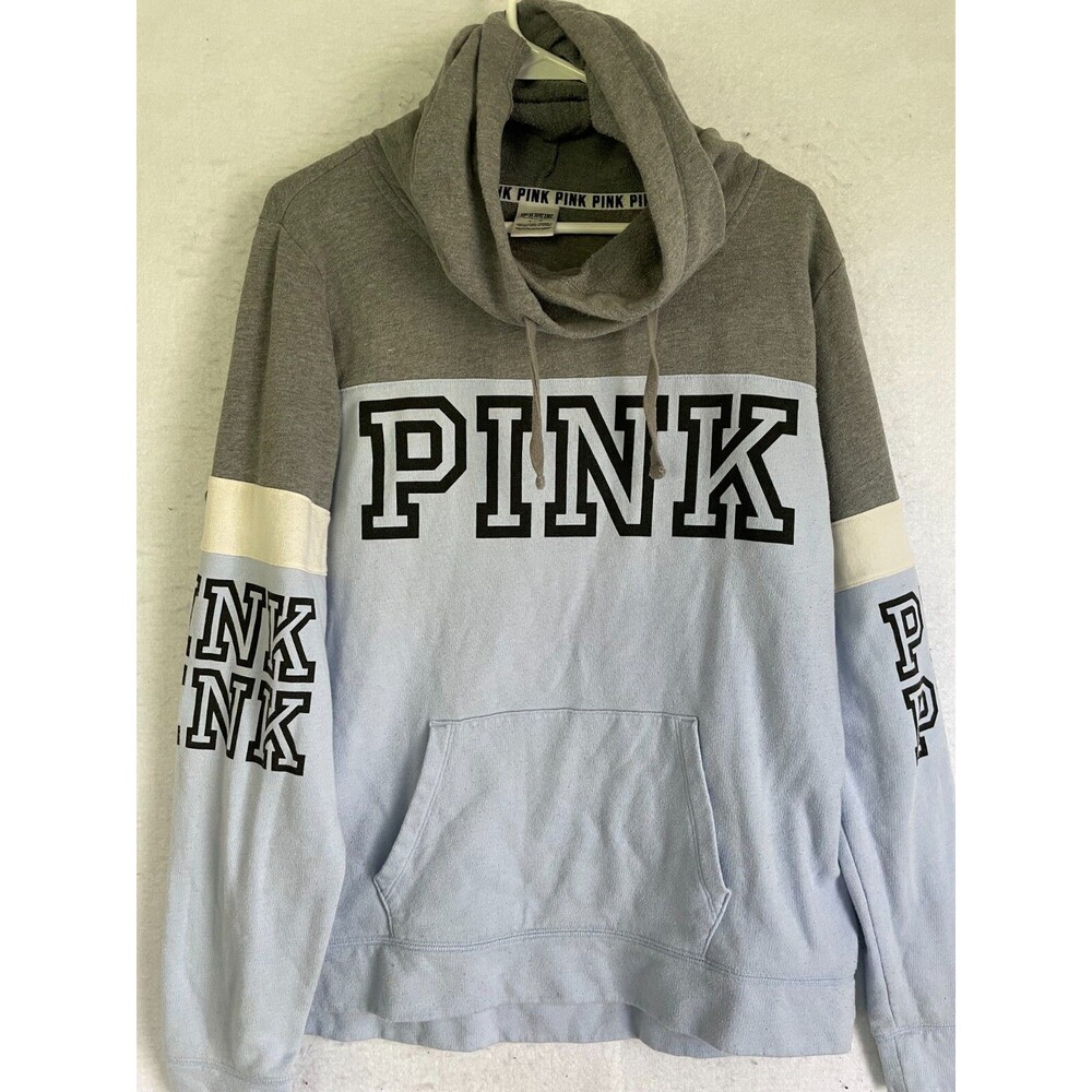 Victoria Secret PINK sz L Hoodie pullover sweatshirt Gray Blue fleece Logo